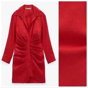 Zara Red Draped Linen Blend Mini Dress. Size Small